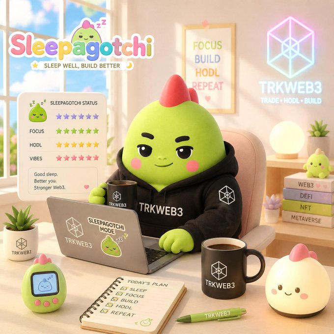 A cheerful green Sleepagotchi character wearing a TRKWEB3 hoodie works at a laptop displaying "SLEEPAGOTCHI MODE," surrounded by a status board rating Focus, HODL, and Vibes with five-star ratings, a "Today's Plan" checklist (Sleep, Focus, HODL, Repeat), and a wall poster reading "FOCUS BUILD HODL REPEAT." The image visually reinforces the post's message by showcasing how the app gamifies and tracks healthy habits like sleep, focus, and consistency—turning invisible progress into a visible, rewarding system.
