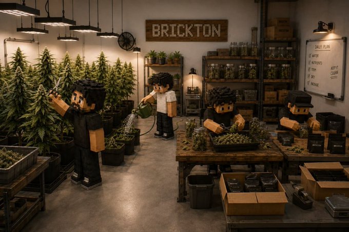 A LEGO-style diorama of the "BRICKTON" cannabis operation shows four minifigure workers tending to rows of mature plants and trimming harvested buds at a cluttered workbench, with jars lining the shelves behind them—visually echoing the post's message about scaling the $BRICK "economy" through increasing yields and stacked inventory.