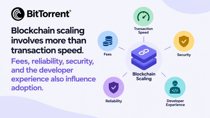a BitTorrent infographic titled Blockchain scaling involves more than transaction speed highlighting Fees Security Reliability Developer Experience and Transaction Speed
