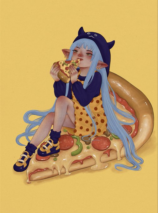 An anime-style illustration of a character with long light blue hair and a dark blue cat-eared hood, wearing a pizza-patterned dress and sitting on a large pizza slice while eating a slice of pizza, set against a yellow background.