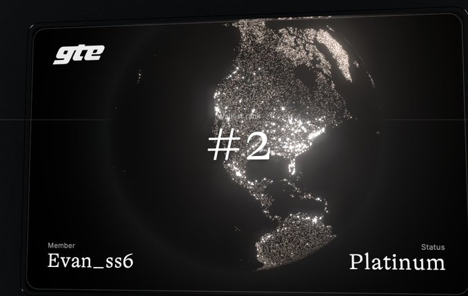A black platinum membership card for 'gte' with Member 'Evan_ss6', showing a glowing Earth at night with the number '#2' and 'Platinum' status.