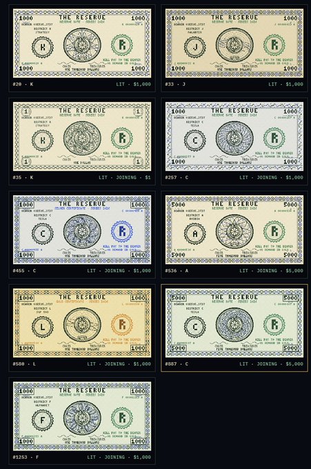 A grid of eight colorful sample notes of various denominations (1000 and 5000) from 'The Reserve', a private bank issuing currency under a credit-only system, each featuring different letter identifiers (K, J, C, A, L, F).
