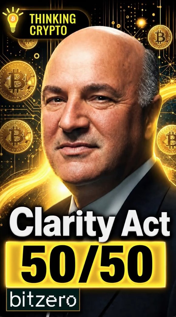 Kevin O'Leary's portrait with "Clarity Act 50/50" text from Thinking Crypto, visualizing his prediction on the bill's Senate passage odds.