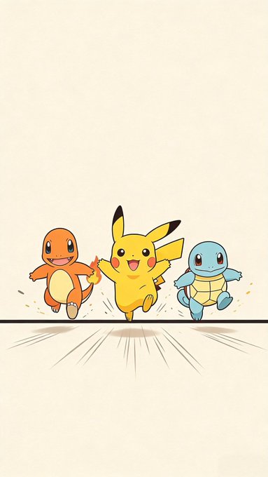 A minimalist illustration of Charmander, Pikachu, and Squirtle running forward with smiles on a plain cream background.