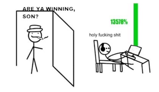 The image is the classic "Are Ya Winning, Son?" meme, showing a stick-figure father peeking through a doorway at his son excitedly at a computer, with the screen displaying "13578%" and the son exclaiming "holy fucking shit." It humorously connects to the post by illustrating the massive gains (WAGMI - "we're all gonna make it") being celebrated in the crypto community, with the exaggerated percentage mocking the overhyped returns crypto enthusiasts often boast about.