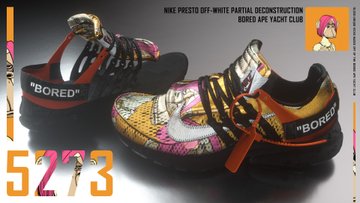 An advertisement showcasing a pair of Nike Presto Off-White 'Bored' Yacht Club sneakers with the text "Bored AP Yacht Club" and "5273" visible.