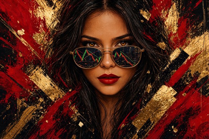 A stylized digital portrait of a woman with dark hair, red lipstick, and sunglasses that reflect a stock market trading chart, set against a textured red and gold background.