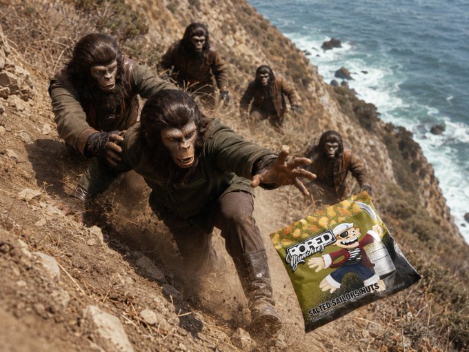 A cinematic shot from Planet of the Apes shows apes scrambling up a dirt cliff, with a prominent bag of "POP'd Snacks Salted Salty Donuts" superimposed in the foreground.