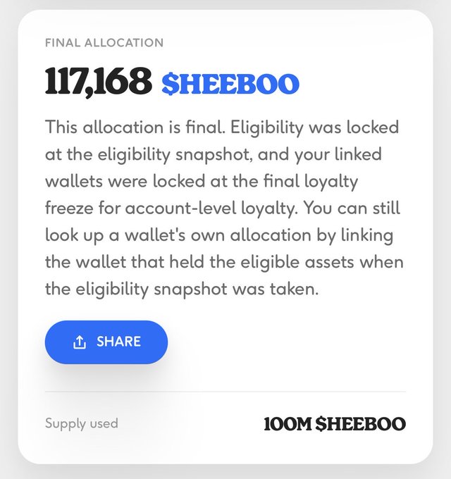 A digital interface displays a 'Final Allocation' of '117,168 $HEEBOO' against a 'Supply used' of '100M $HEEBOO', with text explaining that eligibility was locked at the snapshot.