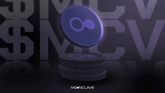 A 3D render of a stack of purple coins featuring an infinity-like symbol, with 'MOONCLAVE' text at the bottom.