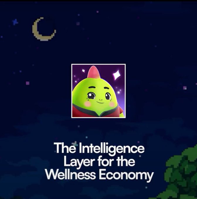 The image displays a pixel-art style night sky scene with a crescent moon and stars, featuring the Sleepagotchi mascot—a green character with a pink mohawk—in the center, accompanied by the text "The Intelligence Layer for the Wellness Economy."

This visual reinforces the post's message by using the nostalgic, collectible pixel-art aesthetic to suggest that health data (like sleep and activity) can be transformed into something valuable and owned by users, positioning Sleepagotchi as a playful yet purposeful solution for reclaiming control over personal wellness information in an increasingly data-driven economy.