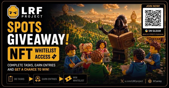 A promotional graphic for the "LRF PROJECT" NFT Whitelist Spots Giveaway, featuring LEGO-style minifigures studying under a hooded wizard figure, with details including "50 WL Spots," a QR code to join on Gleam, and a 3-step process of "Do Tasks," "Earn Entries," and "Win Whitelist." The image visually supports the post's message about the first LRF whitelist giveaway, highlighting the limited 4-day window, 50 whitelist spots (20 guaranteed, 30 FCFS), and the opportunity to become an early LRF holder through completing simple missions.