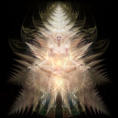 A mystical illustration of a meditating figure surrounded by glowing, ethereal wings of light against a black background.