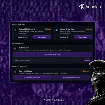 A screenshot of a "AEONIAN.TRADE" rewards page showing social rewards, invite options, and a way to earn 1000 points by promoting the platform.