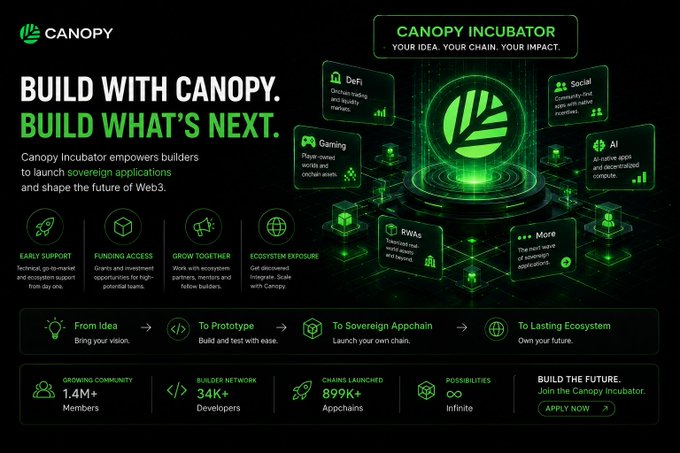 A promotional graphic for the 'Canopy Incubator' program with the slogan 'Build with Canopy. Build what's next.', detailing features and statistics.