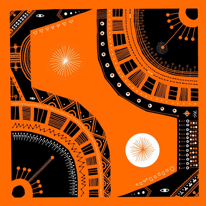 This image is a vibrant abstract digital artwork featuring intricate geometric patterns, tribal motifs, eyes, and sunburst designs rendered in a striking orange and black color palette.

The accompanying post mentions "GM ordinals 878kb + include physical print," suggesting this artwork is a Bitcoin Ordinal inscription (a unique digital collectible stored on the blockchain). The "GM" likely stands for "Good Morning," a common crypto community greeting, and the piece serves as a generative art Ordinal that can be purchased along with a physical printed version of the same design.
