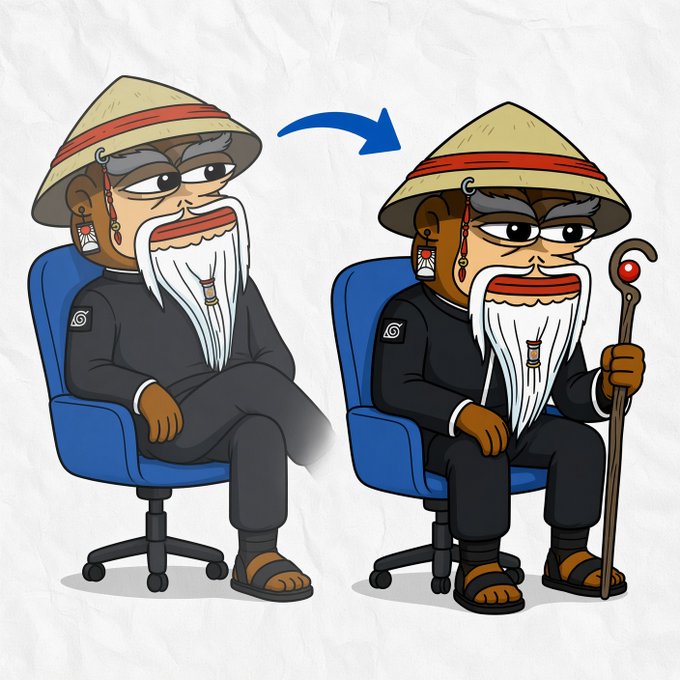 The image shows a cartoon-style transformation of an elderly bearded man in traditional conical hat and dark outfit, first sitting relaxed in a blue office chair, then (indicated by a blue arrow) shown sitting upright and alert while holding a wooden staff with a red orb—symbolizing a shift from casual to focused, "locked in" energy. This visual "before and after" mirrors the post's motivational message about starting the week sharp and ready to seize new opportunities ("GM MFRS! New week, new opportunities. Are you locked in?").