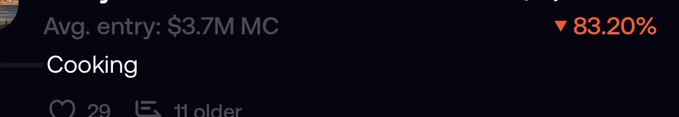 A dark-themed digital interface displays 'Avg. entry: $3.7M MC' with a red downward arrow showing '▼ 83.20%' next to a category labeled 'Cooking.'