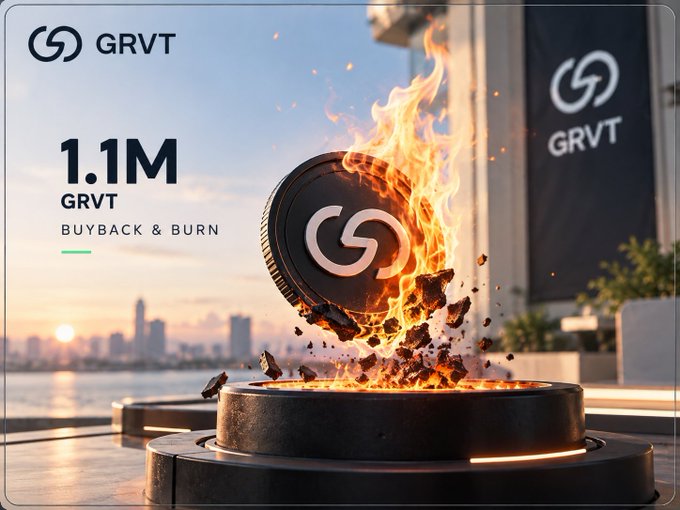 A promotional graphic for GRVT shows a burning GRVT token on a pedestal, with the visible text “GRVT,” “1.1M,” “GRVT,” and “BUYBACK & BURN.”