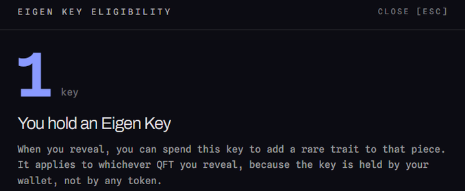 A dark interface screen titled 'EIGEN KEY ELIGIBILITY' shows '1 key' and the message 'You hold an Eigen Key', explaining that revealing allows spending the key to add a rare trait to a piece.