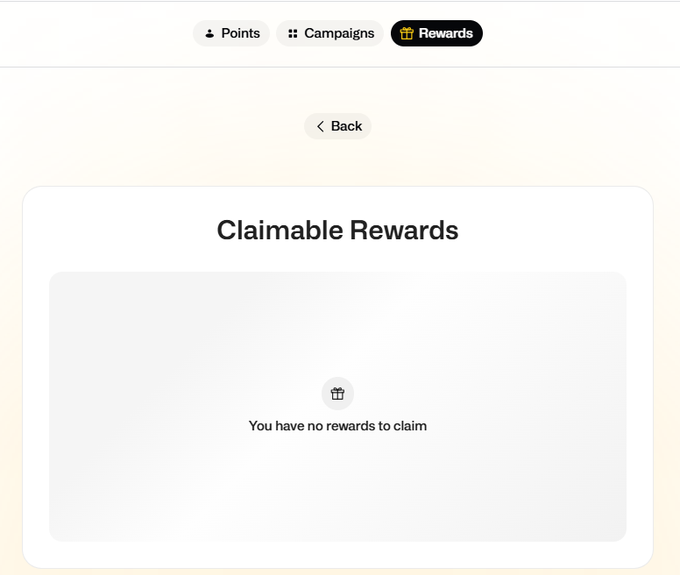 A 'Claimable Rewards' webpage displays a 'Back' button and a message stating 'You have no rewards to claim', with navigation tabs for Points, Campaigns, and Rewards at the top.