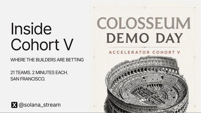 A promotional graphic for 'Colosseum Demo Day Accelerator Cohort V' featuring an image of the Colosseum, with text 'Inside Cohort V - Where the Builders Are Betting, 21 Teams. 2 Minutes Each. San Francisco' and handle @solana_stream.