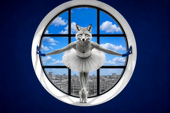 A wolf-headed ballerina in a white tutu and blue gloves poses gracefully on pointe shoes, framed by a round porthole window overlooking a city skyline under a cloudy blue sky. The whimsical, surreal scene serves as a playful thank-you artwork to the five collectors who supported the NFT, blending elegant ballet with fantastical animal imagery.
