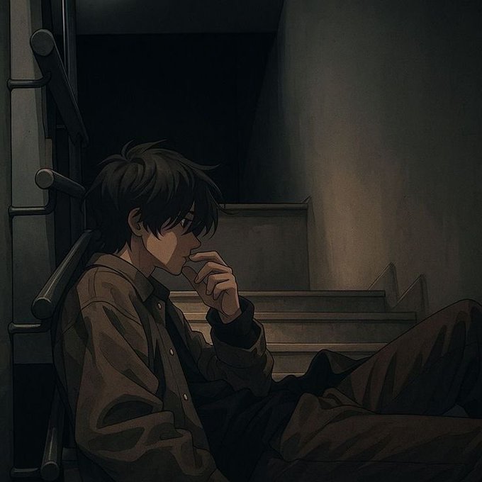 A melancholic anime-style illustration shows a young man with dark hair sitting on a staircase in a dimly lit stairwell, resting his hand near his face in a contemplative pose.