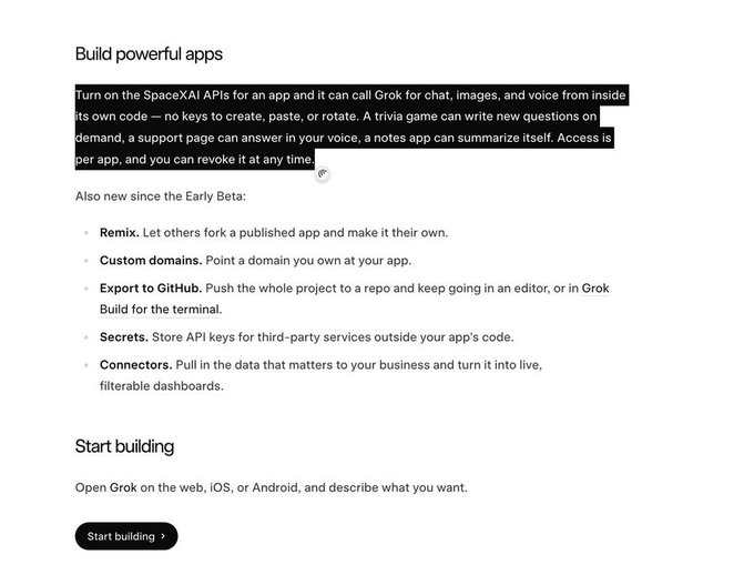 The image displays a webpage section titled "Build powerful apps," which describes how Grok can be used to build apps with features like chat, images, and voice, accessible via the xAI APIs. It highlights new beta features including Remix, Custom domains, Export to GitHub, Secrets, and Connectors, with a "Start building" call-to-action button.