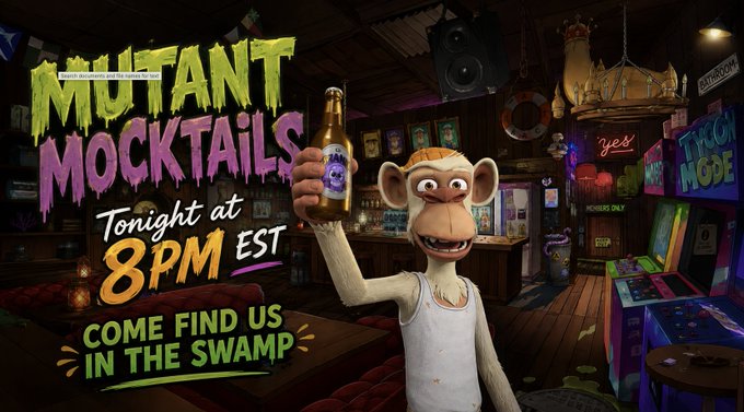 A cartoon monkey in a white tank top holds up a "Zero" branded bottle in a tiki bar setting, with neon signs reading "Mutant Mocktails," "Tonight at 8PM EST," and "Come Find Us In The Swamp." The promotional image ties directly to the post's announcement of another Mutant Mocktails event happening tonight at 8PM EST, inviting attendees to join on OthersideMeta.
