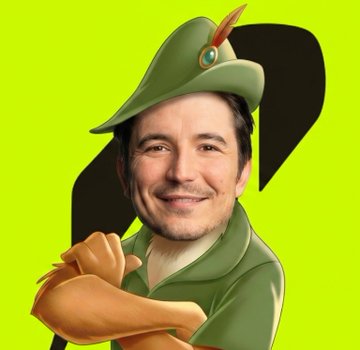 A digital illustration parodying Peter Pan, featuring Elon Musk's face superimposed onto the character's body, complete with a green hat and tunic, set against a bright green background.