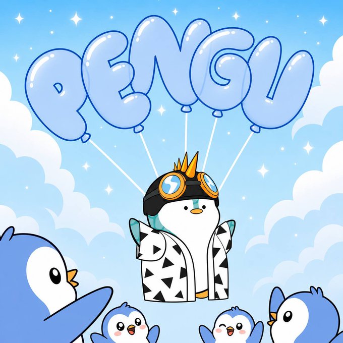 A colorful cartoon illustration of a penguin wearing goggles and a crown holding 'PENGU' balloon letters, surrounded by other penguins against a blue sky background.