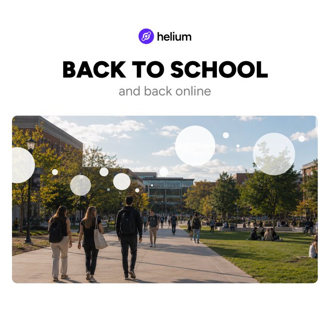 A Helium-branded promotional graphic reads "BACK TO SCHOOL and back online" above a photo of students walking through a tree-lined campus plaza with circular signal overlays, visually reinforcing the update about 14 Oklahoma schools actively using the Helium ($HNT) network to connect thousands of users and move terabytes of data without new hardware.