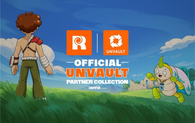 A promotional graphic for the "OFFICIAL UNVAULT PARTNER COLLECTION" featuring the Ruyui brand, with its logos displayed prominently alongside an animated scene of a young adventurer and a green bug-like character carrying a backpack on a grassy hilltop under a blue sky. The image visually reinforces the announcement of Ruyui being an official Unvault partner collection for an upcoming free Genesis Bugz mint.