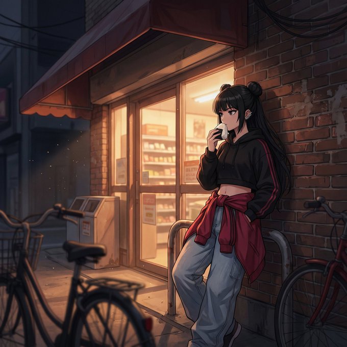 An anime-style illustration shows a dark-haired woman in a black cropped hoodie and jeans eating outside a lit convenience store at night, with bicycles parked nearby.