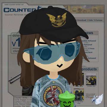 A stylized cartoon avatar of a girl with brown hair wearing a black cap with gold eagle logo and blue sunglasses stands in front of a 'Counter-Strike' forum webpage background.