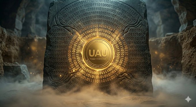 The image features an old stone tablet with gold symbols, surrounded by smoke and fog. The text above the tablet reads "Buffett once joked gold just sits there. In 2026, RWA breaks that curse. UAU’s Stake-to-Redeem mechanism lets you share real gold production yield. That's a milestone innovation." This suggests that the image is related to the concept of investing in gold or the history and evolution of gold mining techniques.