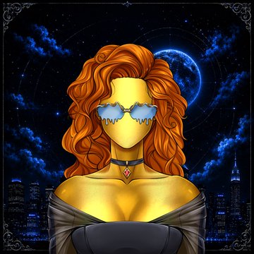 A digital illustration of a faceless figure with long red hair, wearing blue sunglasses and a diamond choker, set against a backdrop of a night city skyline and a large moon.