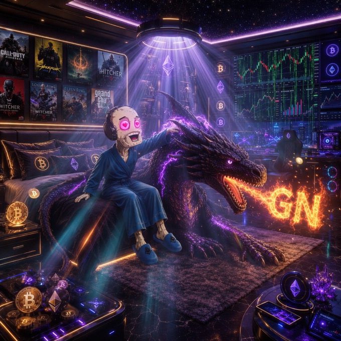 The image features a man sitting on a chair with a dragon statue of a person wearing blue robes, holding a sword, and having its mouth open as if roaring. The room has purple lighting that creates an immersive atmosphere. In front of the man is a bed covered in a purple blanket, and there are several books scattered around the room. A computer monitor can be seen on one side of the image, suggesting that this might be a gaming or entertainment area.

The post reads "GN fam rest well @wallchain SELECT rolls out tomorrow keep quacking". This message is likely related to the dragon statue in the scene and could be a reference to the dragon's role as a powerful and formidable creature within the game world, possibly used for combat or other purposes.
