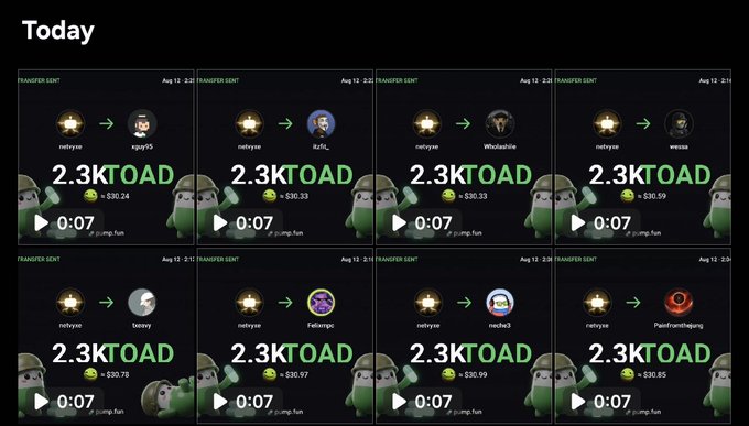 The image displays a dashboard of recent transactions showing user "ratreyae" sending 2.3K $TOAD to eight different recipients, each valued between $30 and $31, supporting the post's claim of distributing roughly $300 daily in $TOAD giveaways.