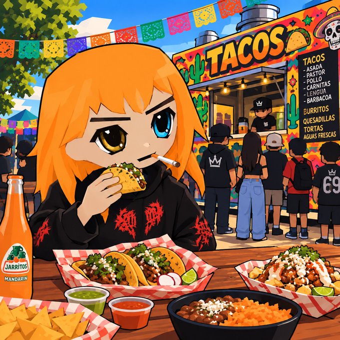 An anime-style girl with orange hair and a cigarette in her mouth eats a taco at a colorful taco stand; the background menu lists Asada, Pastor, Pollo, and Burritos, with various tacos and a Jarritos Mandarin soda on the table.