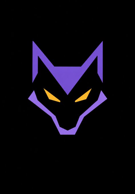 A purple stylized wolf head logo with yellow glowing eyes on a black background.