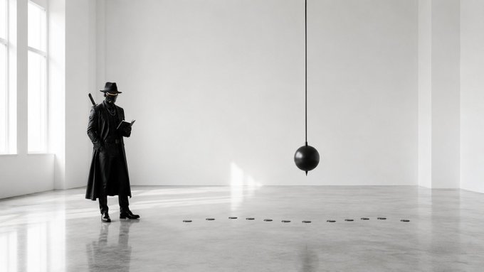 A black and white photograph of a man wearing a long coat and fedora hat, standing in a minimalist white room reading a book, with a large pendulum (wrecking ball) suspended from the ceiling nearby.