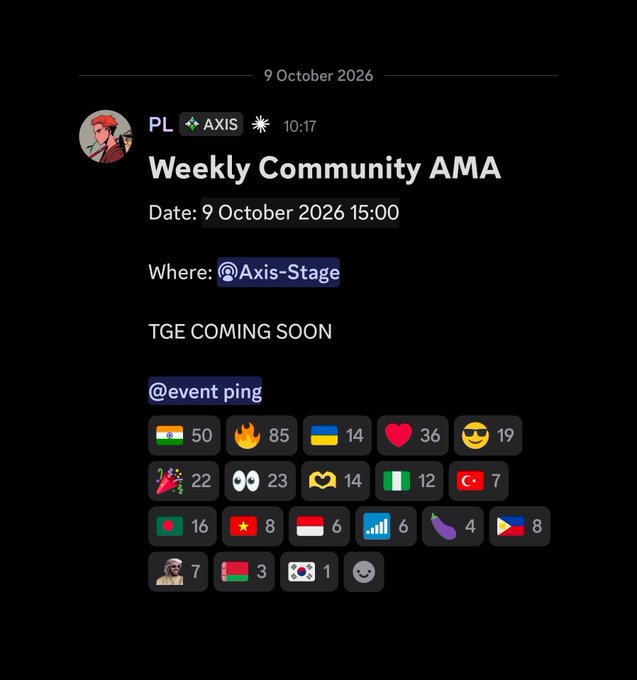 Discord/chat announcement for 'Weekly Community AMA' by PL AXIS on 9 October 2026 at 15:00 in @Axis-Stage, noting 'TGE COMING SOON' and displaying @event ping emoji counts from various country flags.