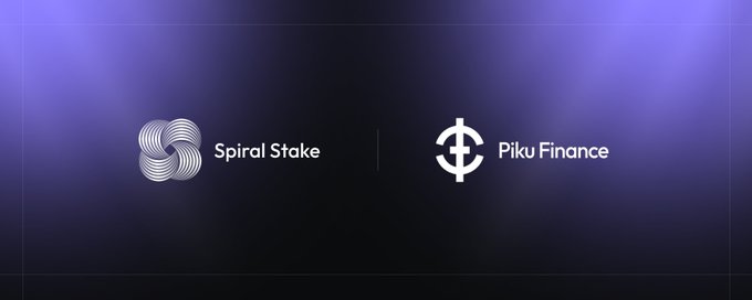 The image displays the logos of "Spiral Stake" and "Piku Finance" against a dark purple gradient background, visually representing the new pool launch for Piku's $USP stablecoin highlighted in the accompanying post.