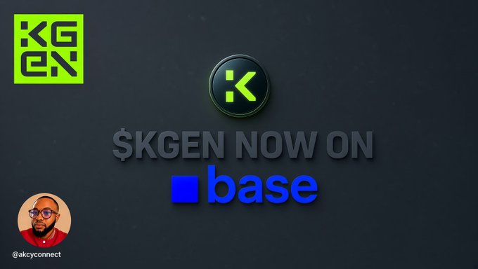 The image is a promotional graphic announcing the KGeN token's listing on the Base blockchain, featuring the KGeN logo in the top left corner, a circular KGen coin emblem in the center, and the text "$KGEN NOW ON base" with Base's blue logo, while a profile picture of a bearded man with sunglasses and the handle "@akcyconnect" appears in the bottom left, tying into the post's message about supporting @KGeN_IO's Proof of Human mission as it expands to Base for multi-chain reputation building.