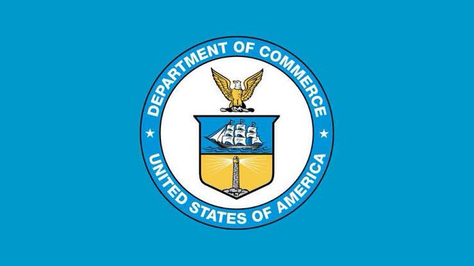 The flag of the United States Department of Commerce features its circular seal with an eagle, sailing ship, and oil derrick, encircled by the text "DEPARTMENT OF COMMERCE • UNITED STATES OF AMERICA." The image relates to the announcement as Chainlink is integrating official U.S. economic data from this department onchain, including GDP, PCE inflation, and private domestic sales figures.