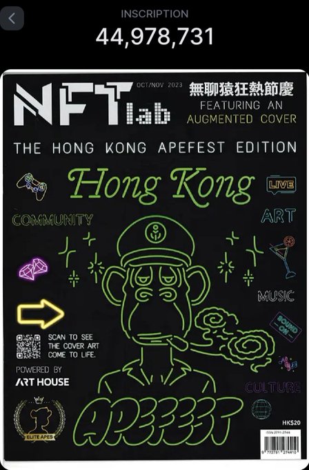 A screenshot from an NFT Lab magazine cover titled "The Hong Kong Apefest Edition" (Oct/Nov 2023), featuring neon green line art of a Bored Ape character with the inscription number 44,978,731 displayed above, promoting the Elite Apes Hong Kong community with HK$20 pricing. The image visually represents the Hong Kong Ape NFT community mentioned in the post, showing that despite reduced activity, the Elite Apes HK group remains active and visible.