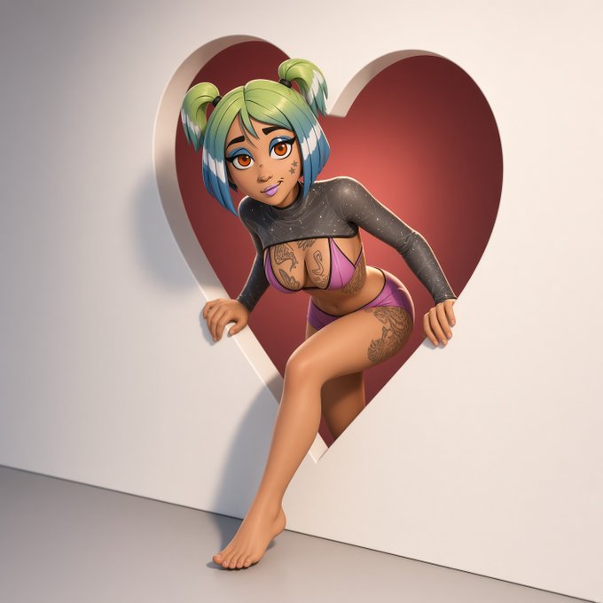 A 3D-rendered stylized character with green and blue pigtails, tattoos, and a purple outfit climbing out of a heart-shaped cutout in a white wall.