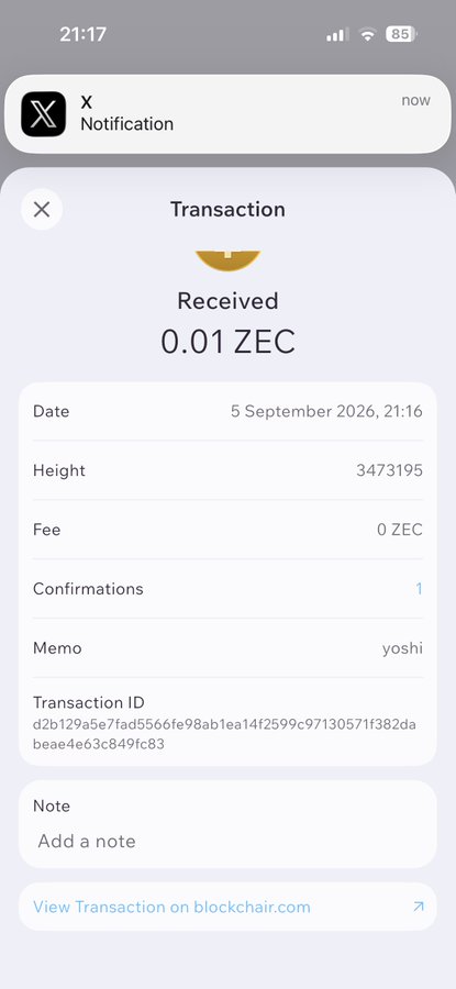 A mobile screenshot of a crypto transaction showing a receipt of 0.01 ZEC (Zcash) received on 5 September 2026 with the memo 'yoshi'.